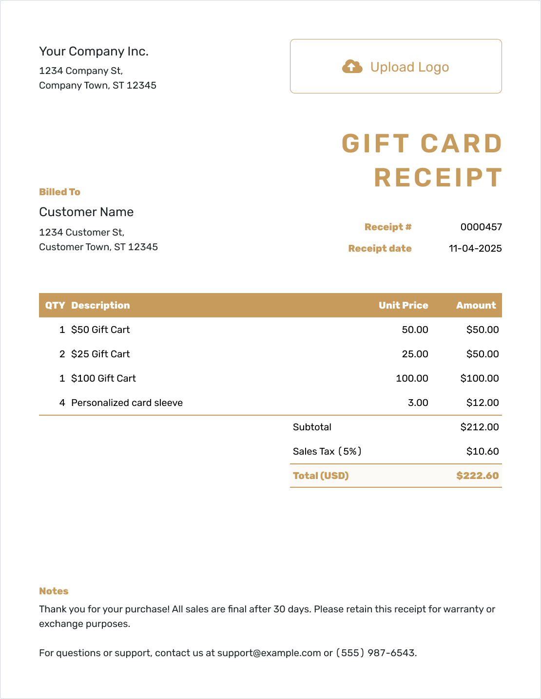 Downloadable Gift Card Receipt Template