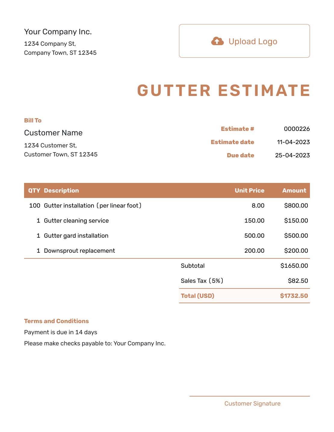 Downloadable Gutter Estimate Template