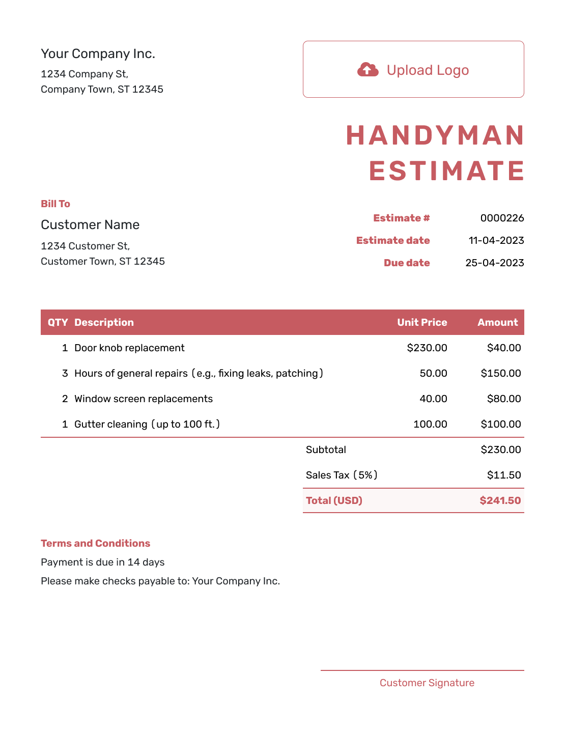 Downloadable Handyman Estimate Template