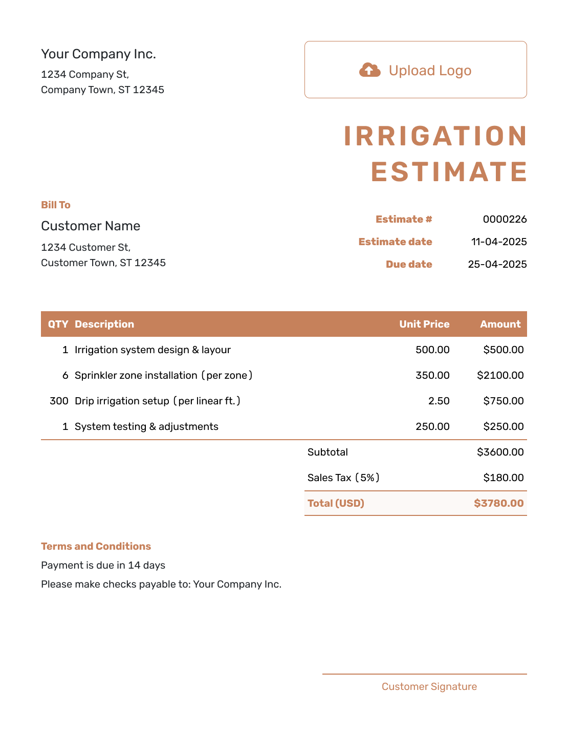 Downloadable Irrigation Estimate Template