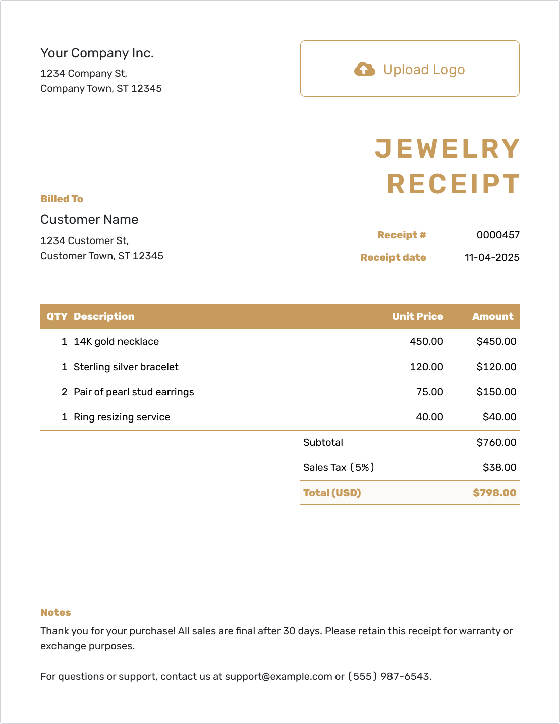 Downloadable Jewellery Receipt Template