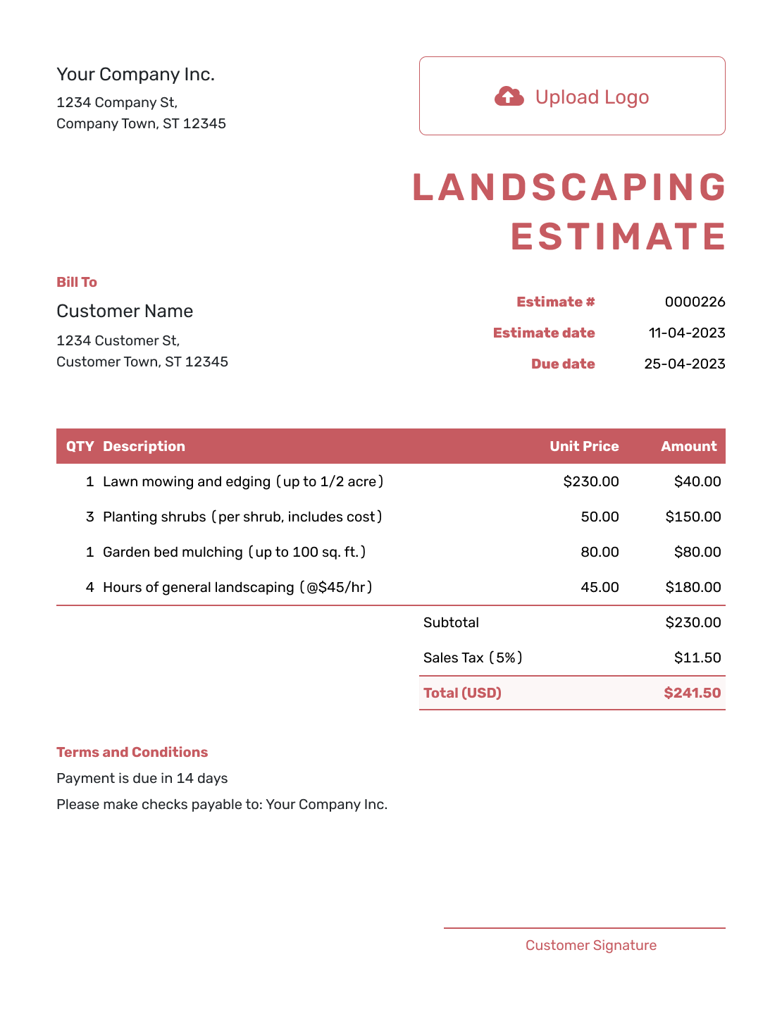 Downloadable Landscaping Estimate Template