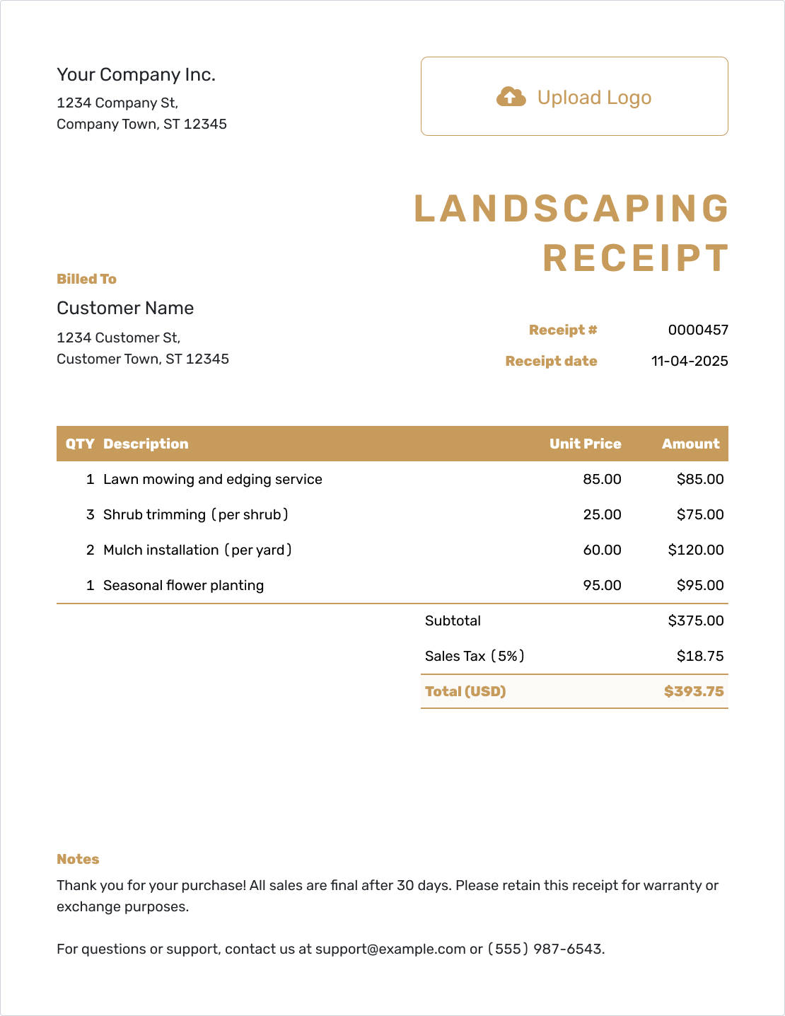 Downloadable Landscaping Receipt Template