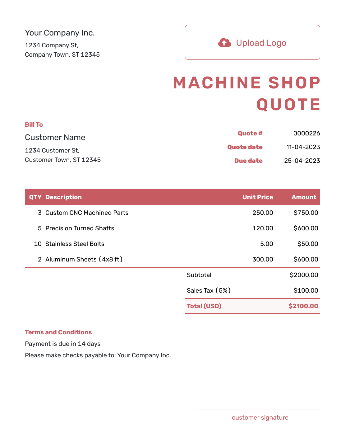 Downloadable Machine Shop Quote Template