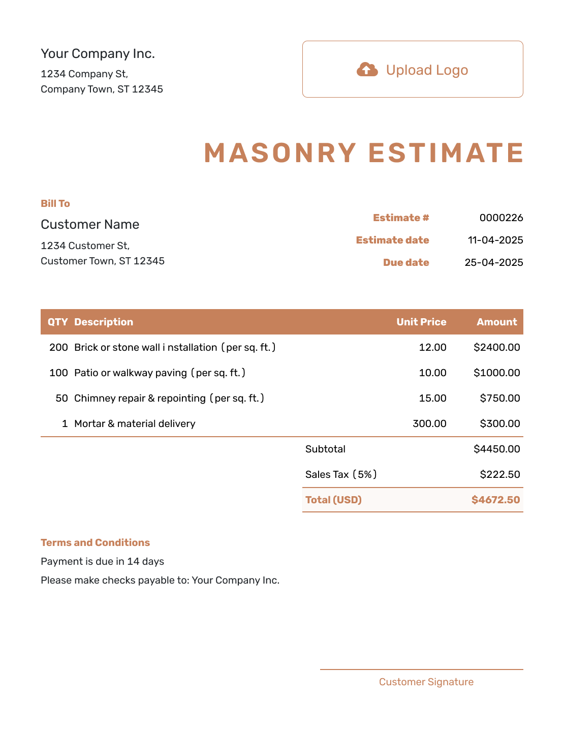 Downloadable Masonry Estimate Template