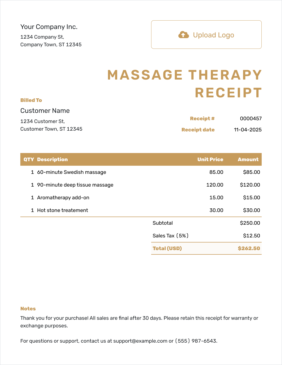 Downloadable Massage Therapy Receipt Template