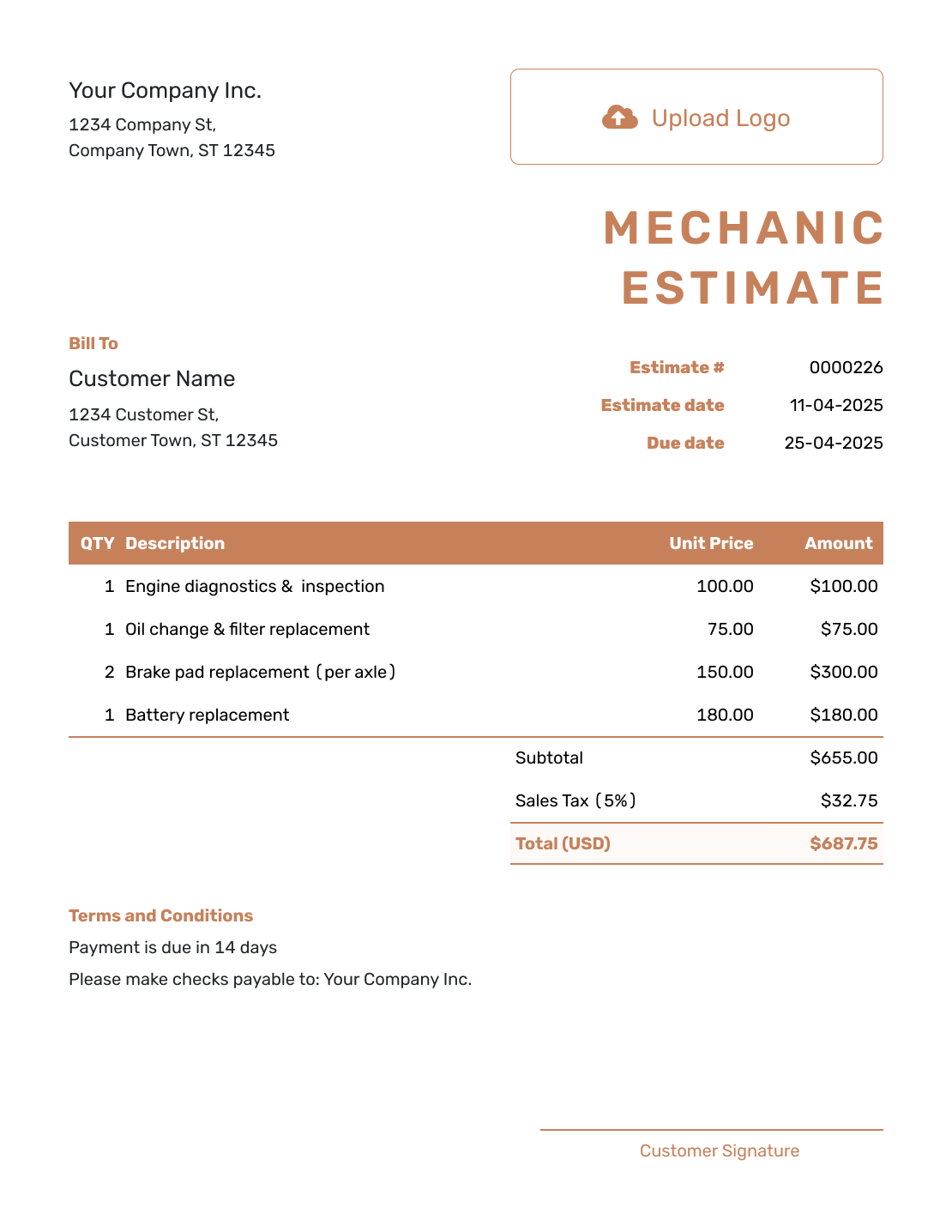 Downloadable Mechanic Estimate Template