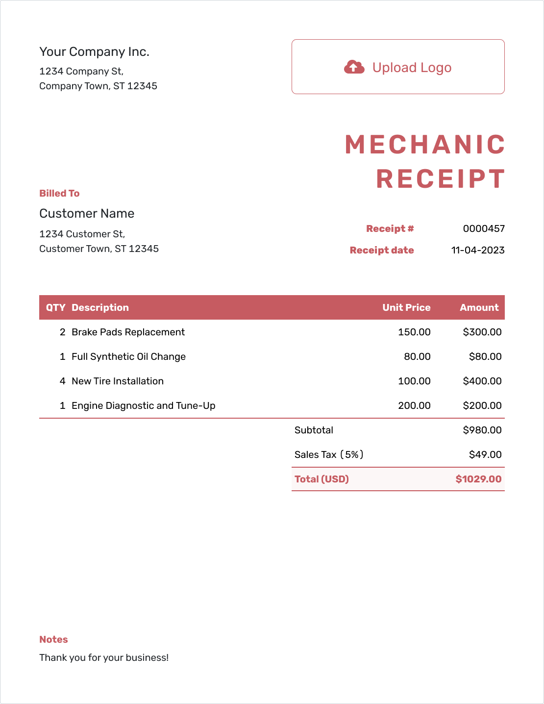 Downloadable Mechanic Receipt Template