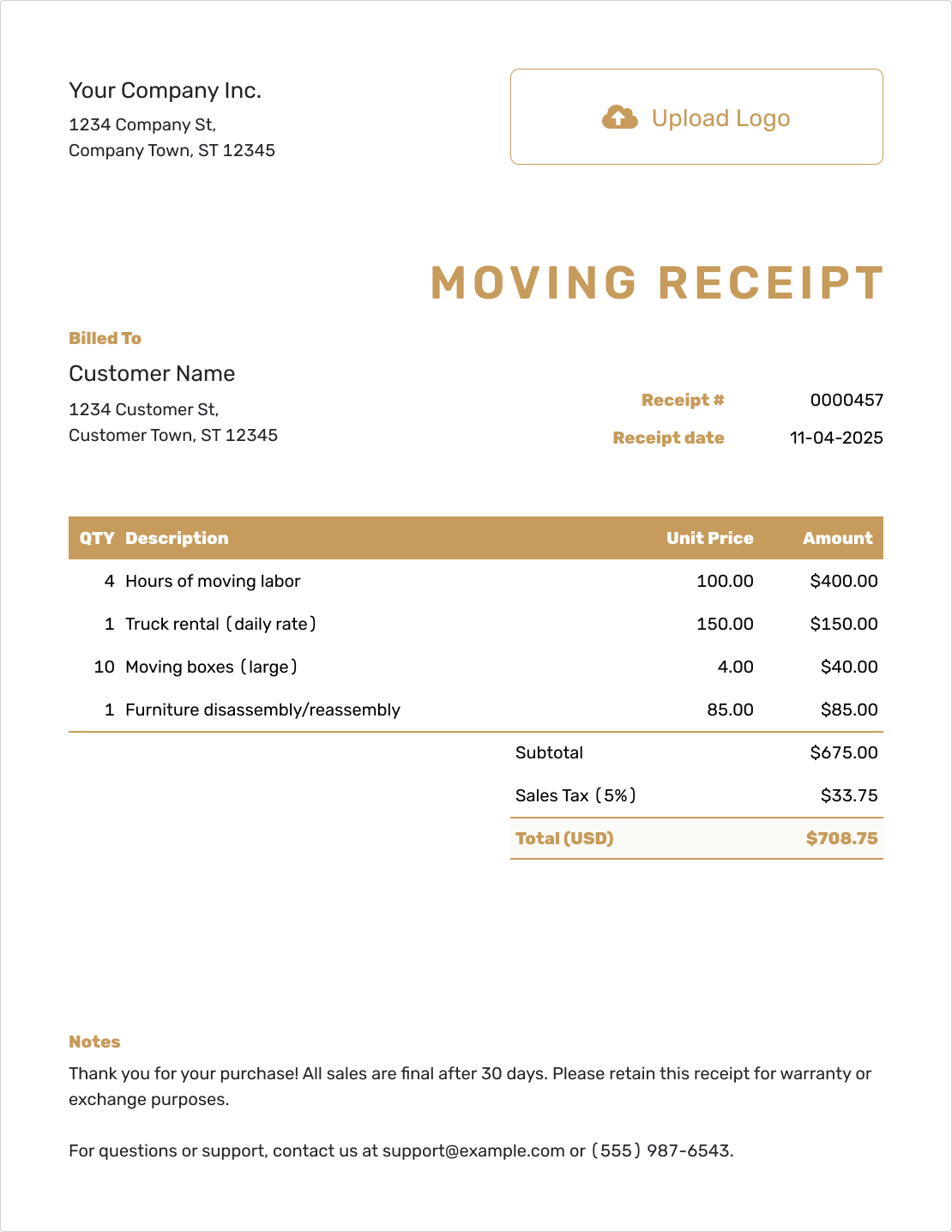 Downloadable Moving Receipt Template