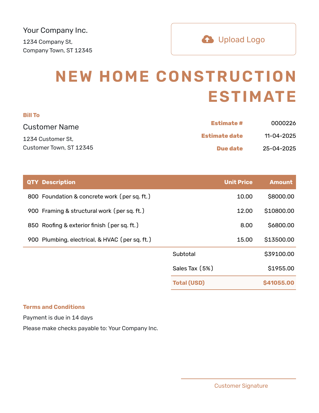 Downloadable New Home Construction Estimate Template