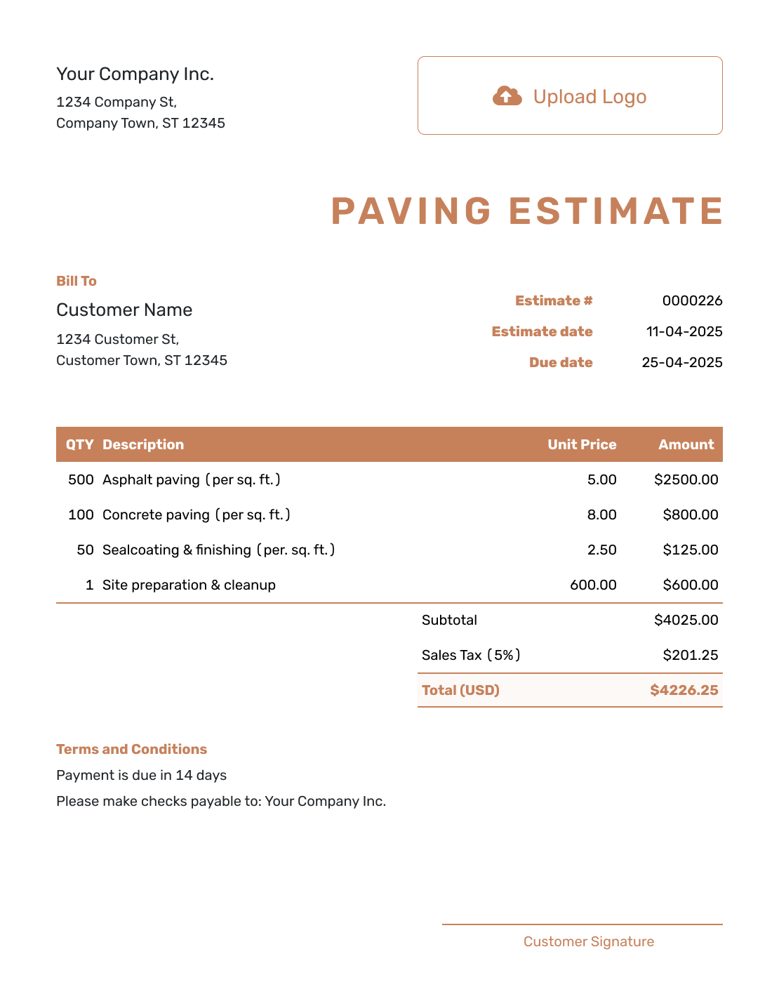 Downloadable Paving Estimate Template