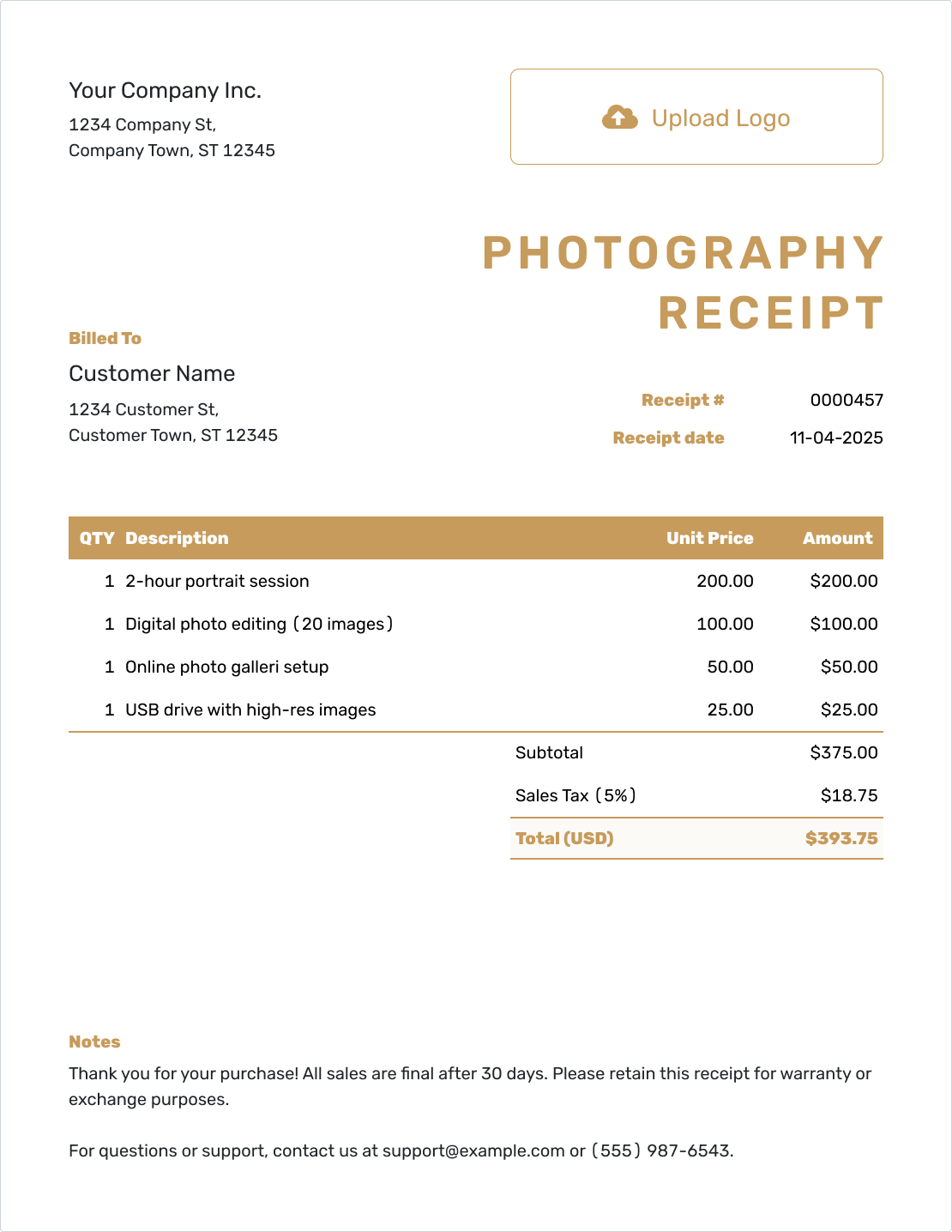 Downloadable Photography Receipt Template