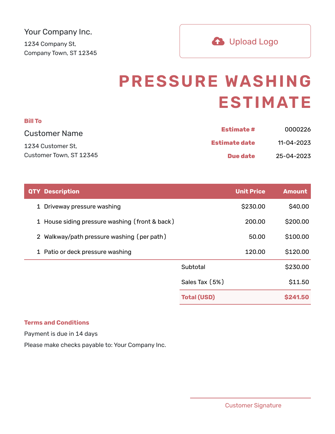 Downloadable Pressure Washing Estimate Template