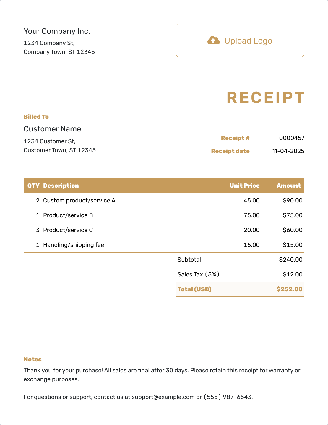 Downloadable Work Receipt Template