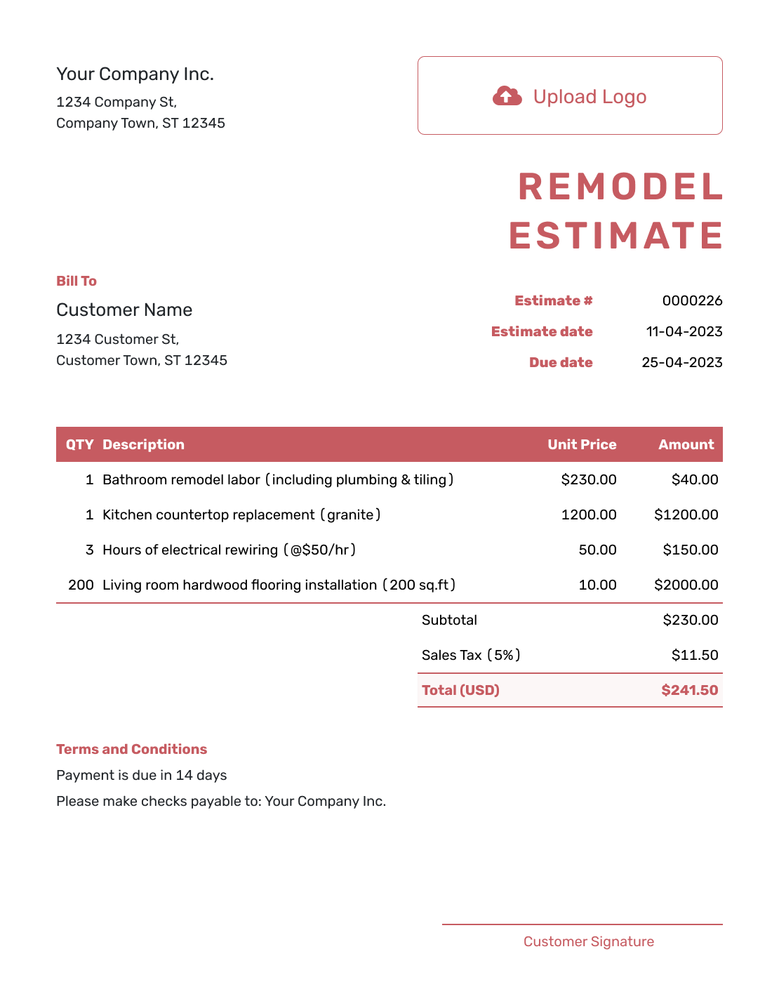 Downloadable Remodel Estimate Template