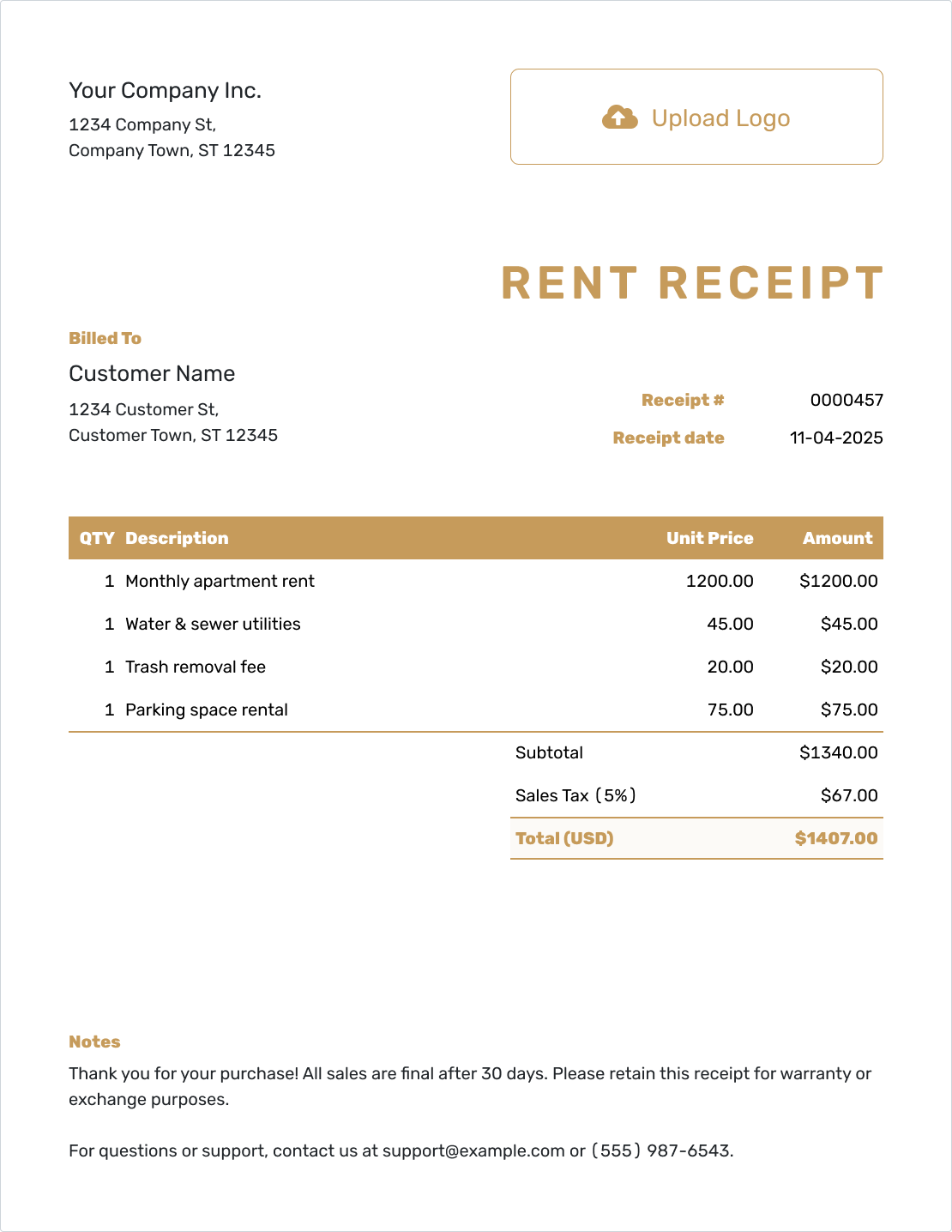 Downloadable Rent Receipt Template