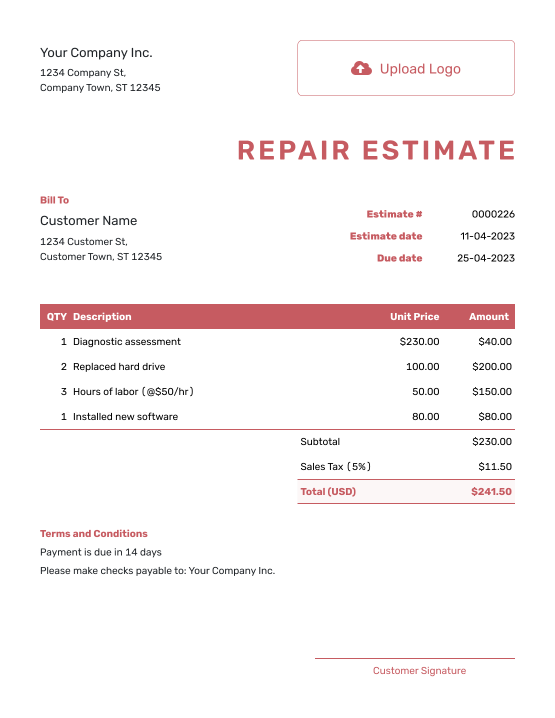 Downloadable Repair Estimate Template