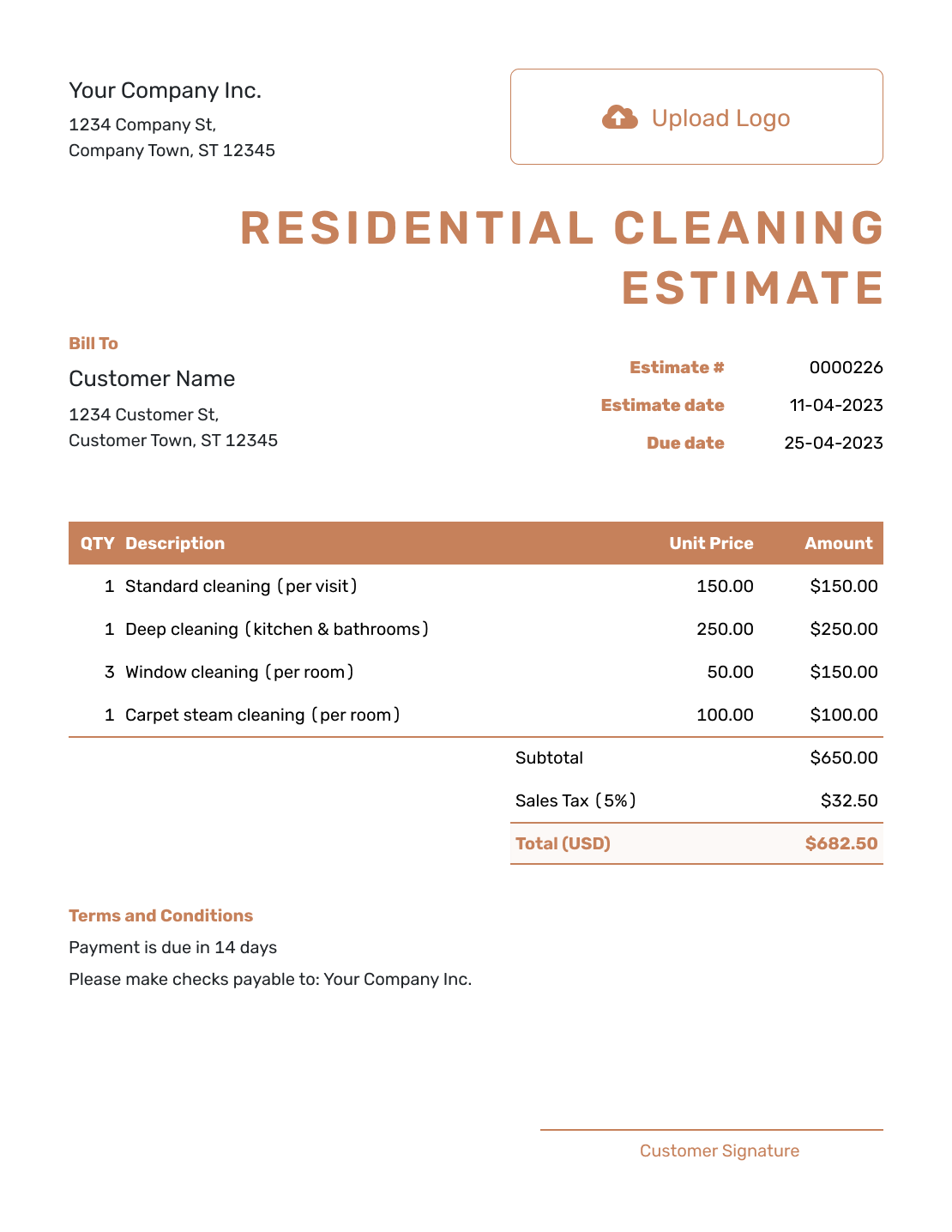 Downloadable Residential Cleaning Estimate Template