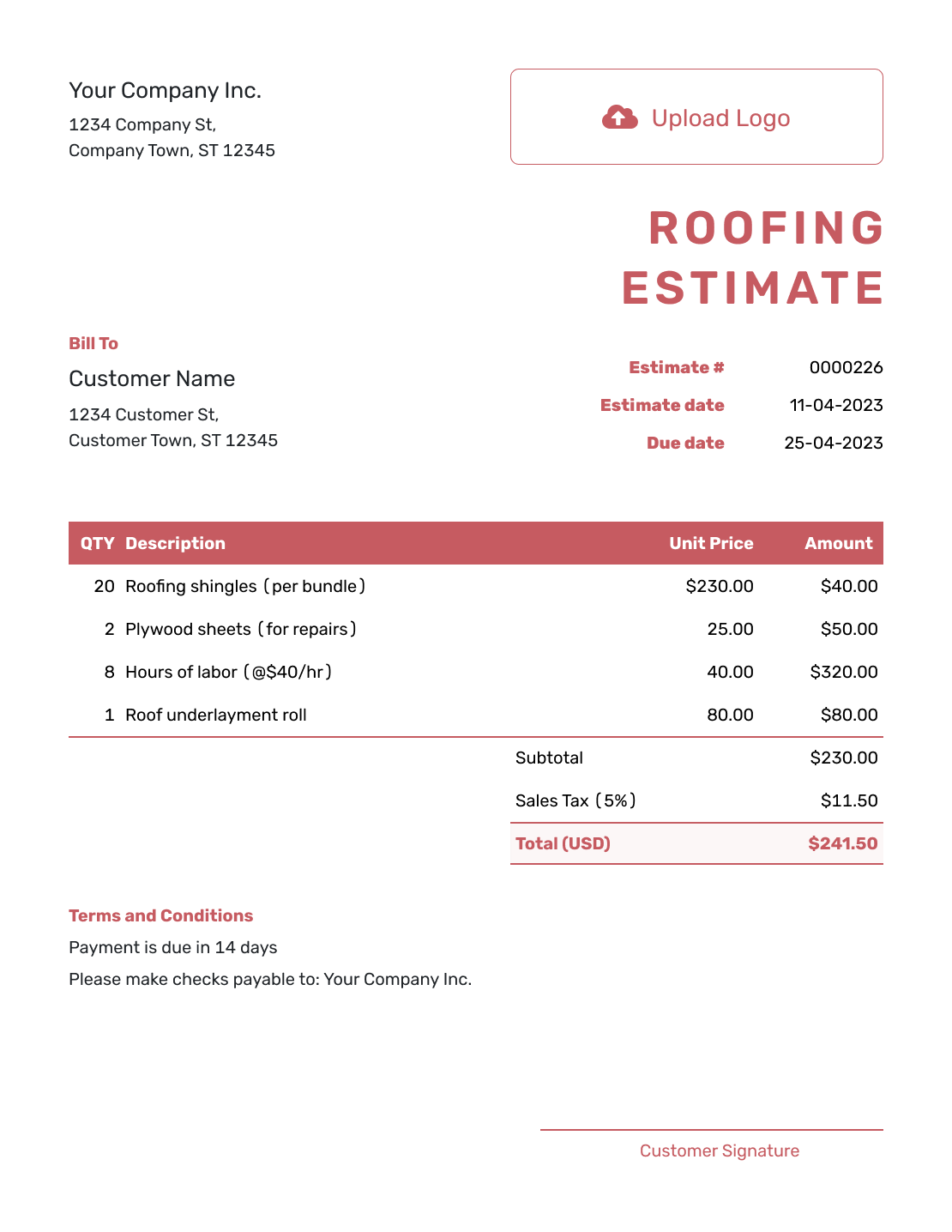 Downloadable Roofing Estimate Template