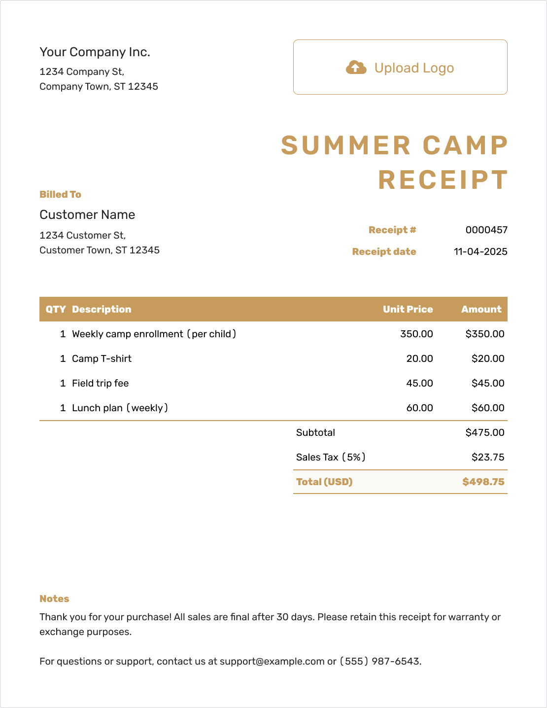 Downloadable Summer Camp Receipt Template