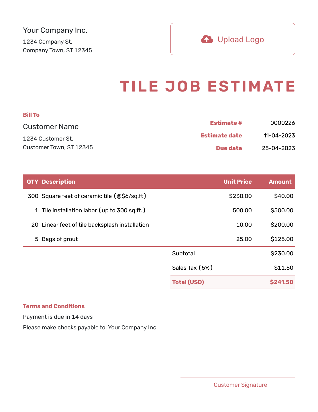 Downloadable Tile Job Estimate Template