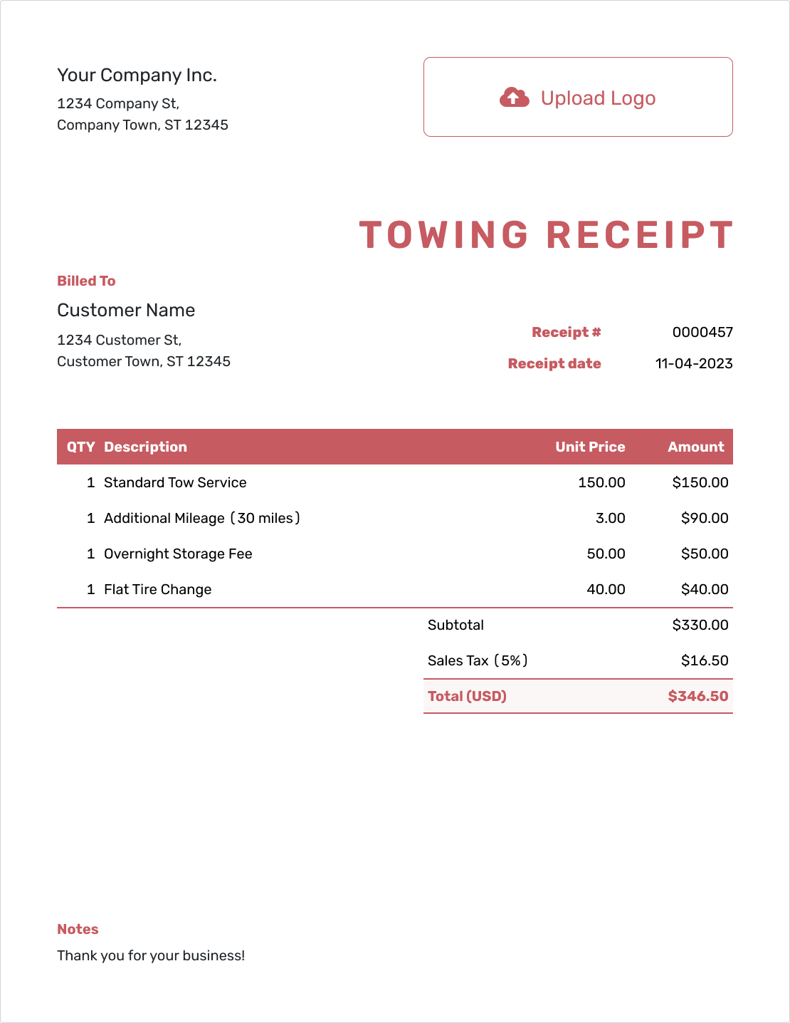 Downloadable Towing Receipt Template
