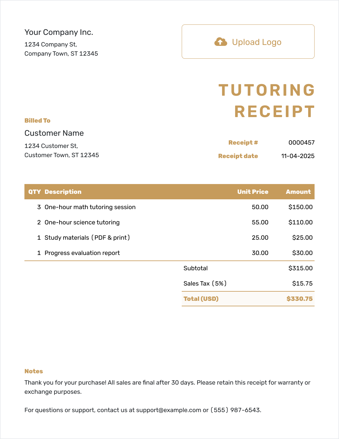 Downloadable Tutoring Receipt Template