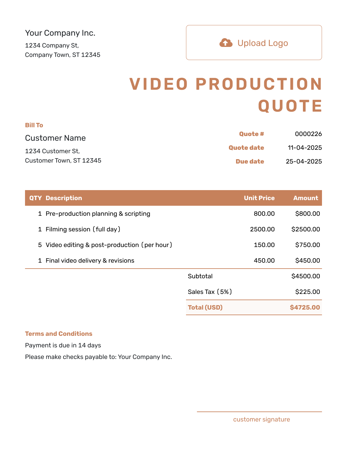 Downloadable Video Production Quote Template