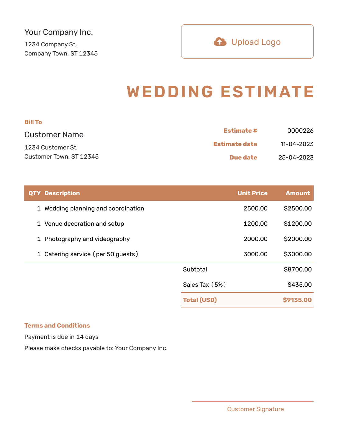 Downloadable Wedding Estimate Template