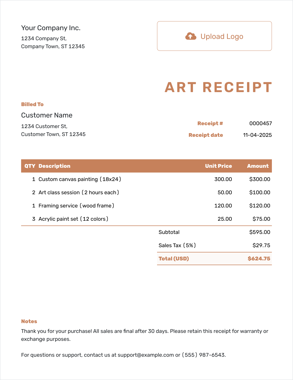 Editable Art Sale Receipt Template