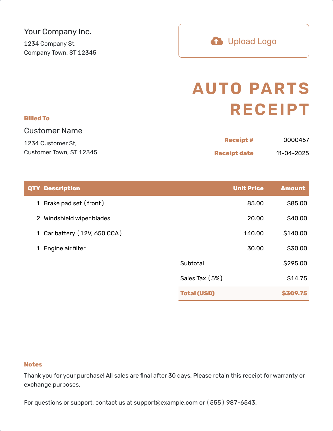 Editable Auto Parts Receipt Template