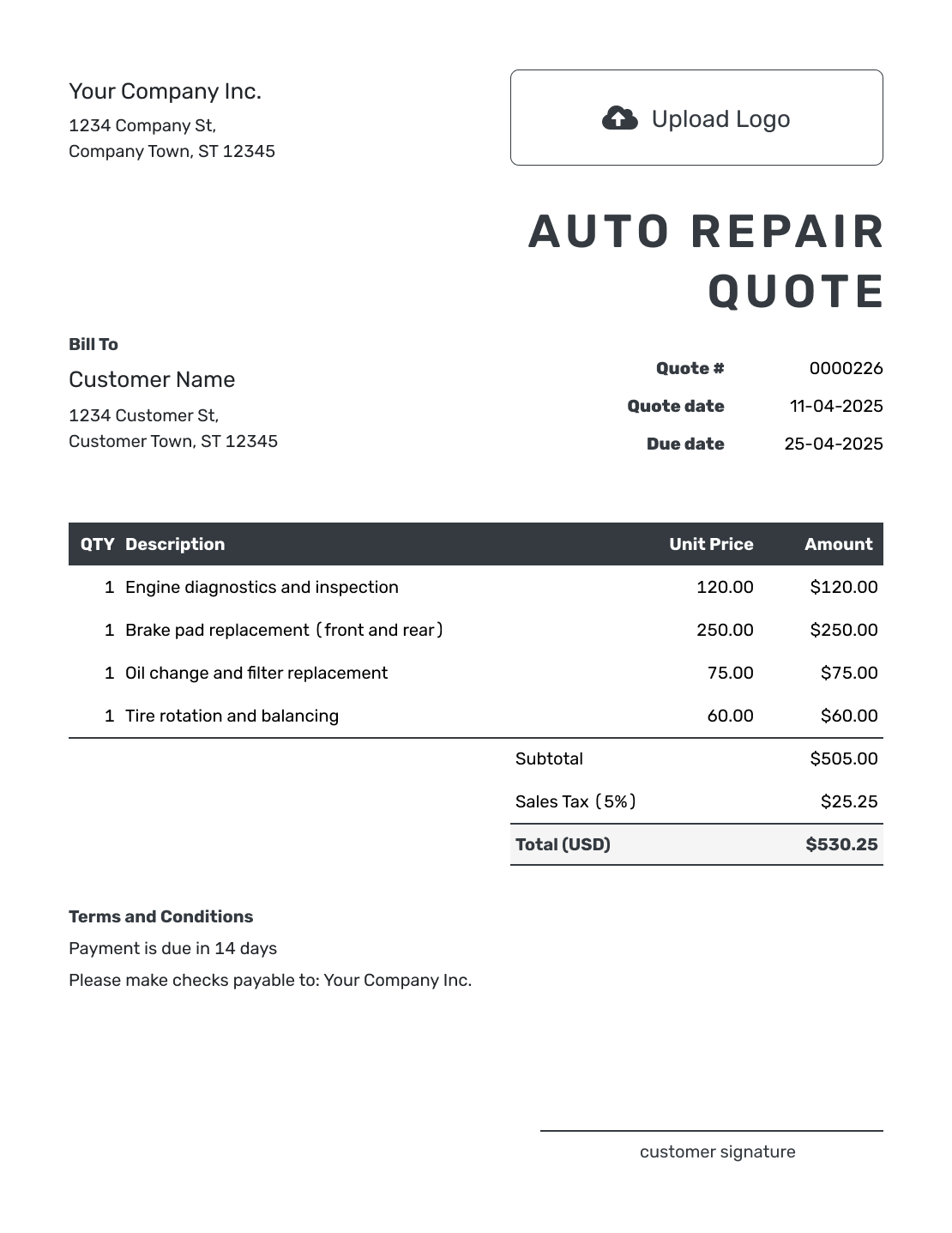 Editable Auto Repair Quote Template