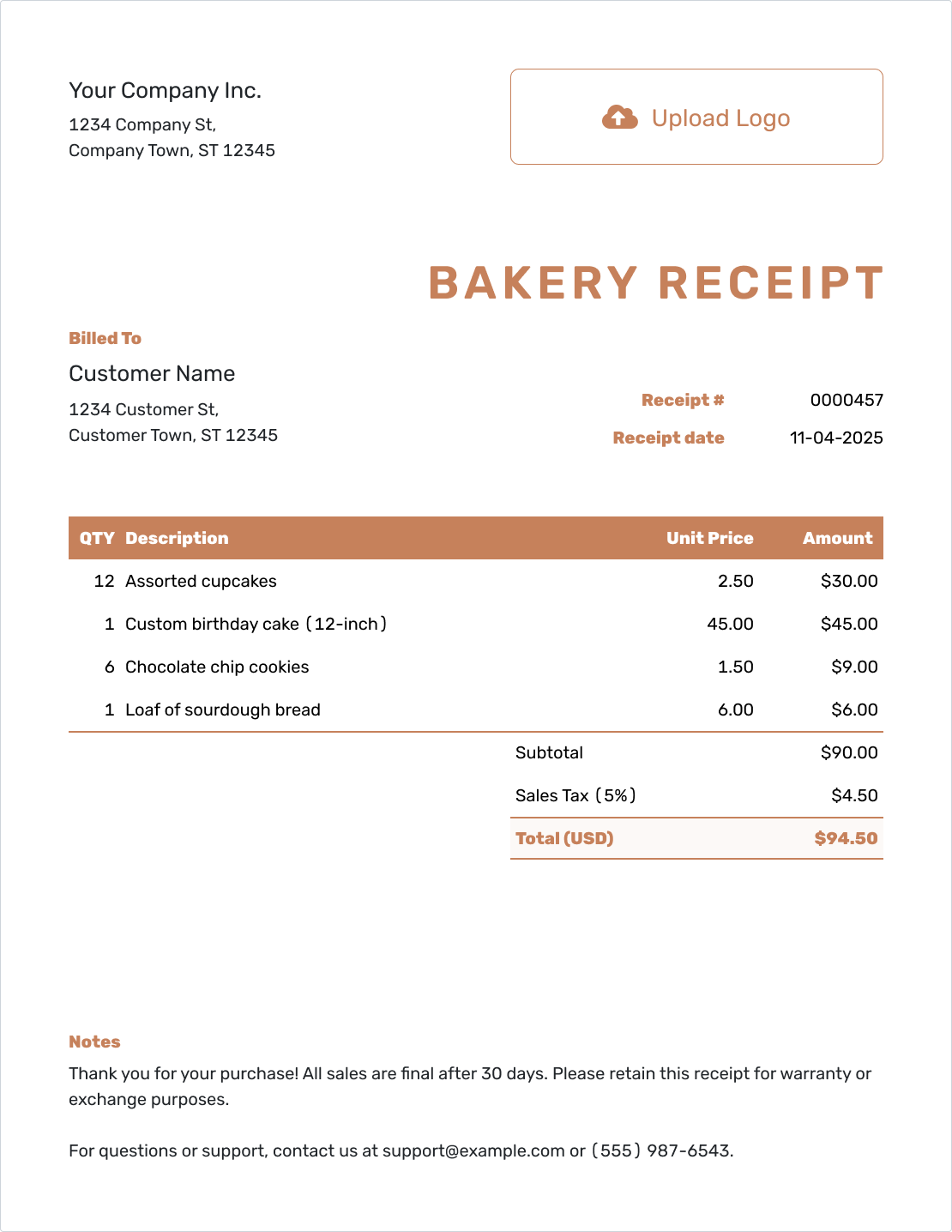 Editable Bakery Receipt Template