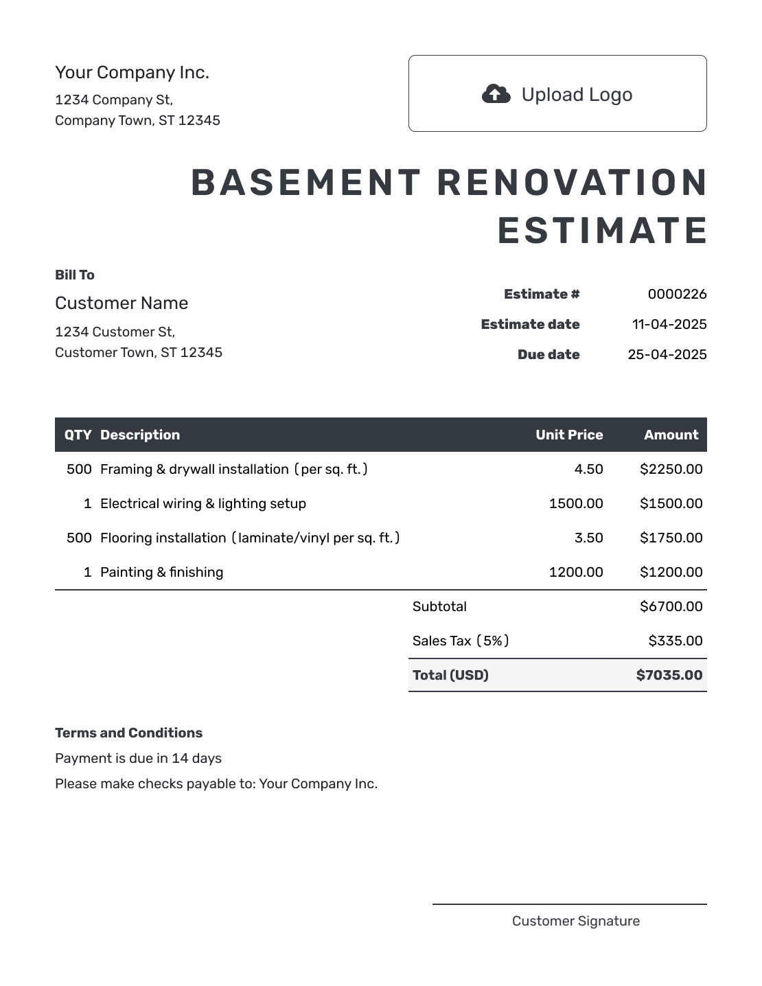 Editable Basement Renovation Estimate Template