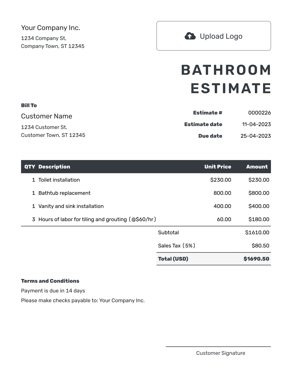 Editable Bathroom Estimate Template