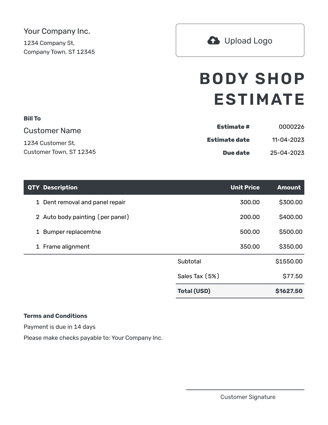 Editable Body Shop Estimate Template