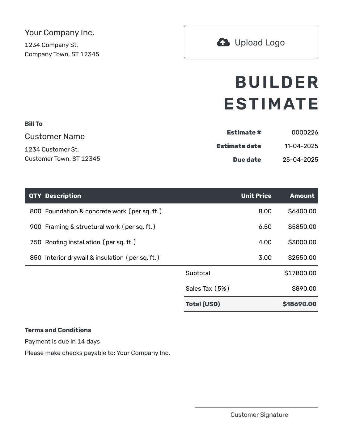 Editable Builder Estimate Template