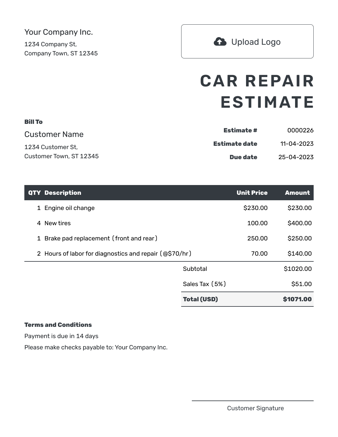 Editable car repair estimate layout for auto repair work