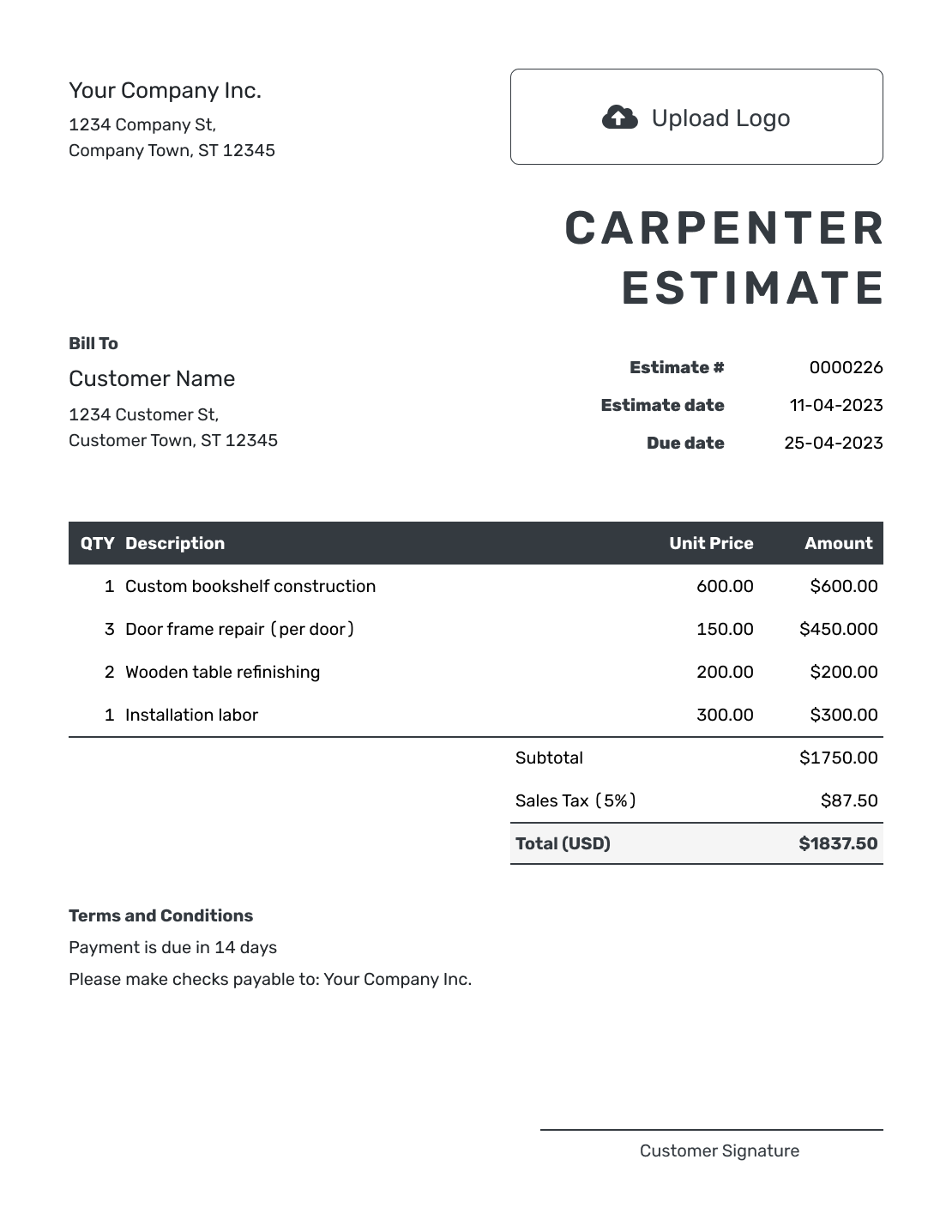 Editable Carpenter Estimate Template