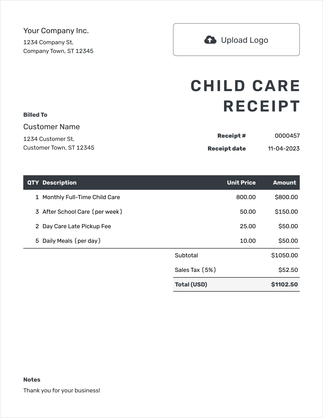 Editable Child Care Receipt Template