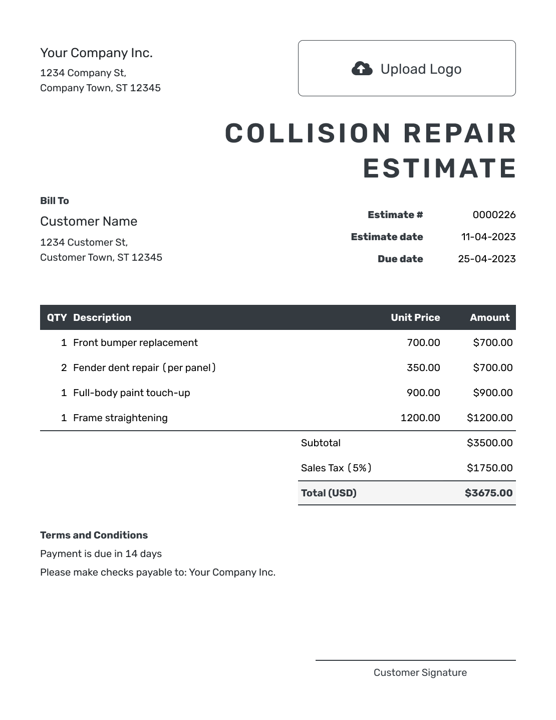 Editable Collision Repair Estimate Template