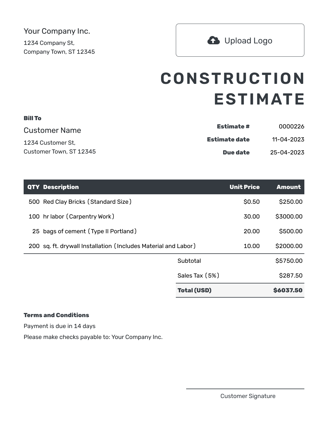 Editable Construction Estimate Template