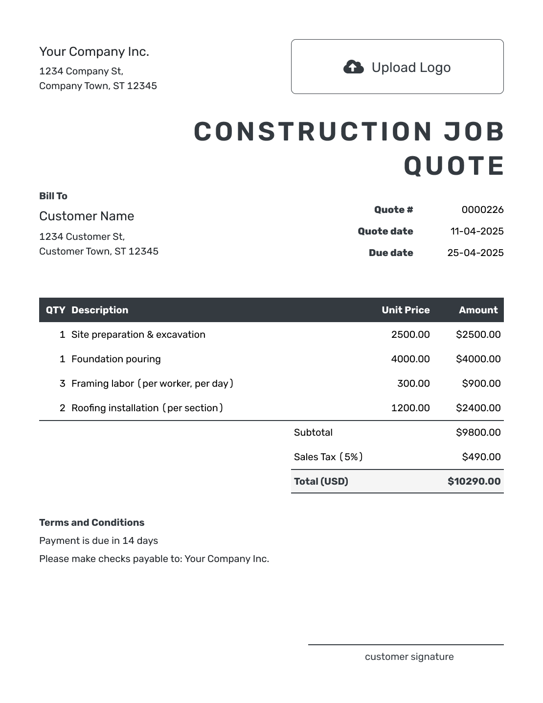 Editable Construction Job Quote Template