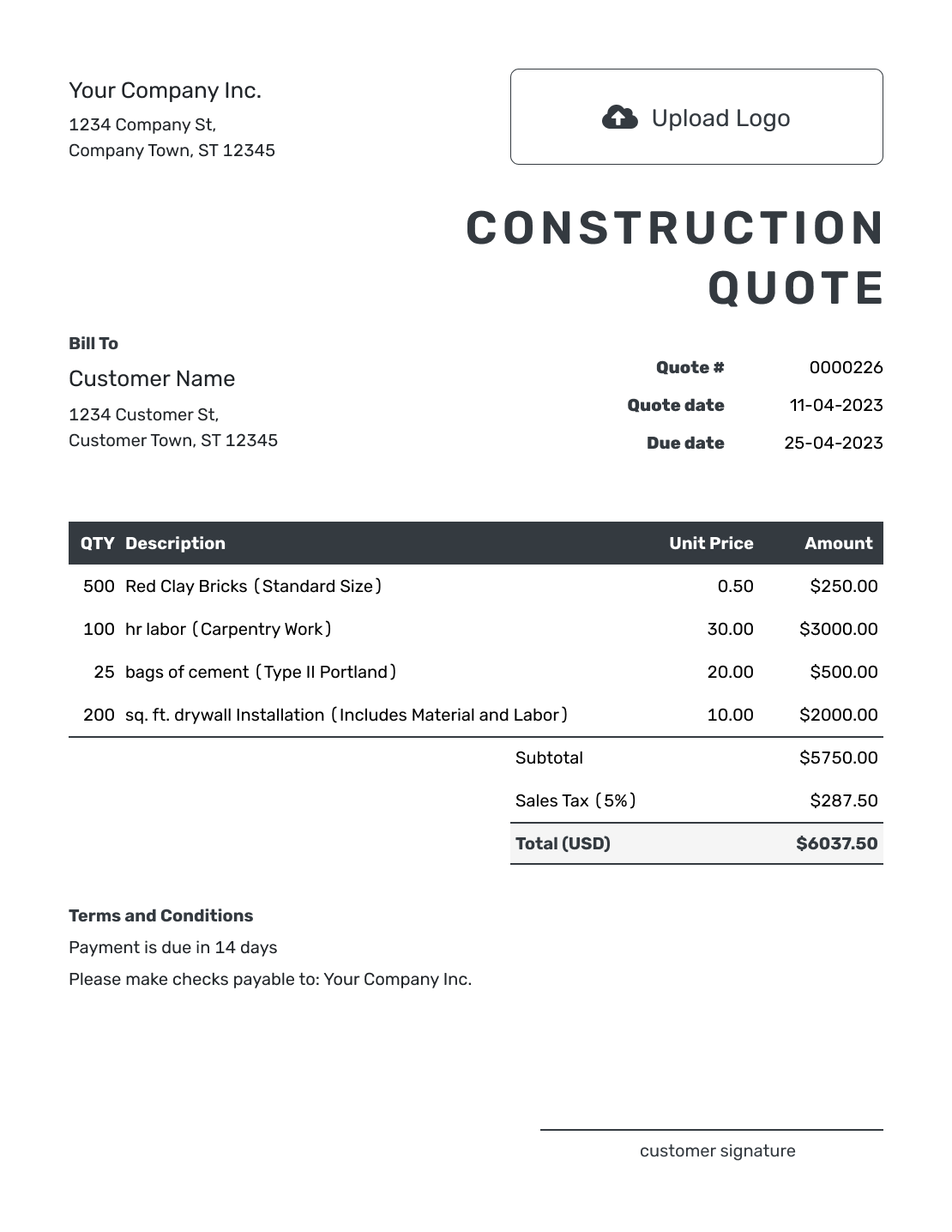 Editable Construction Quote Template