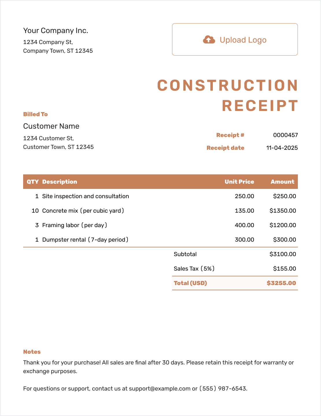 Editable Construction Receipt Template