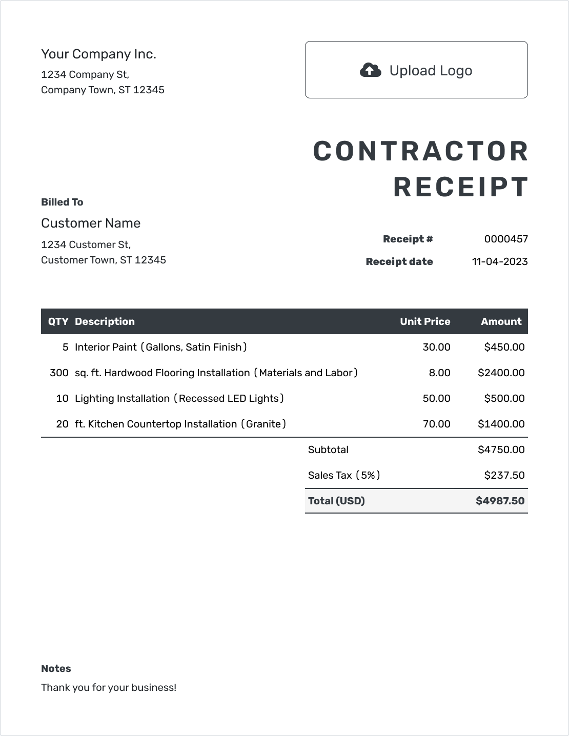 Editable Contractor Receipt Template