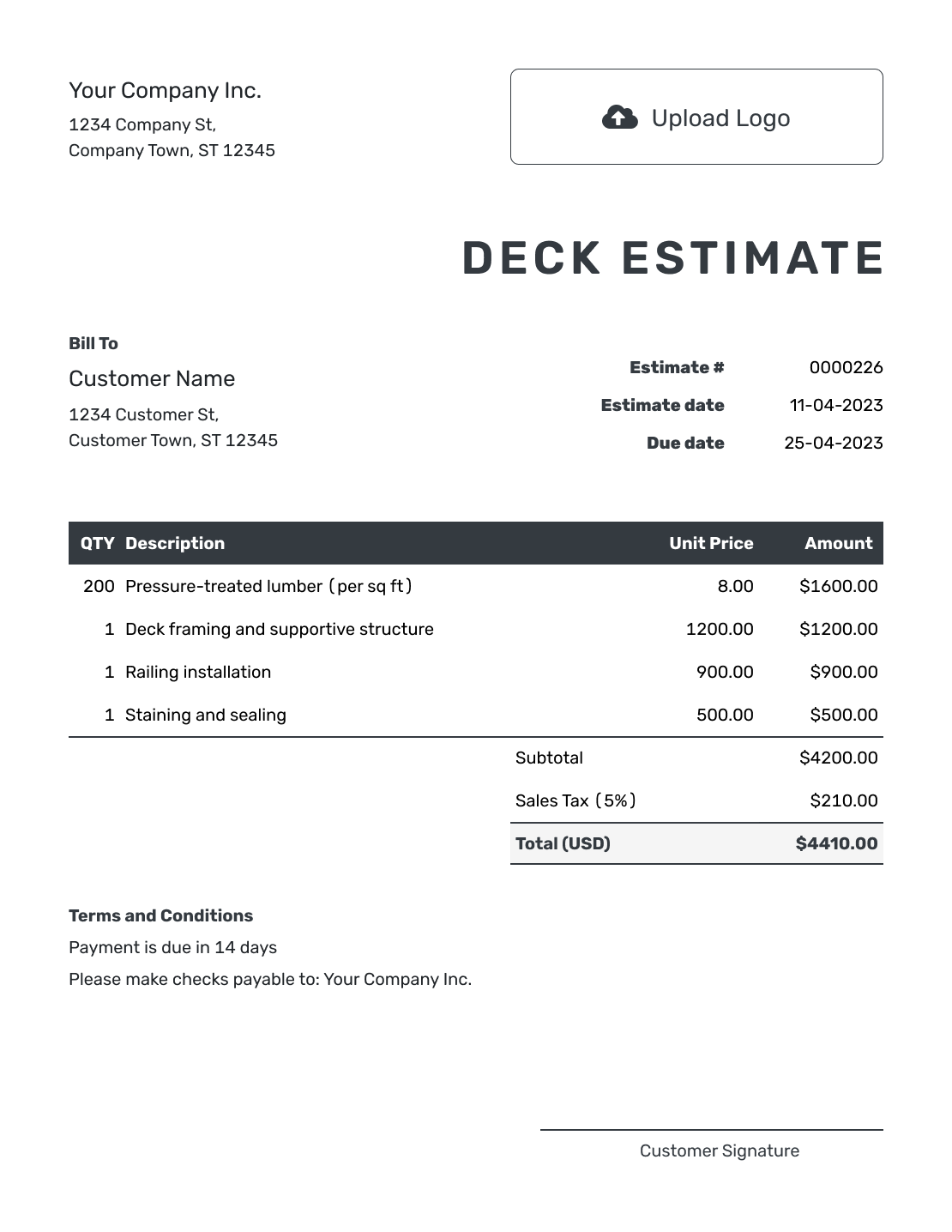 Editable Deck Estimate Template