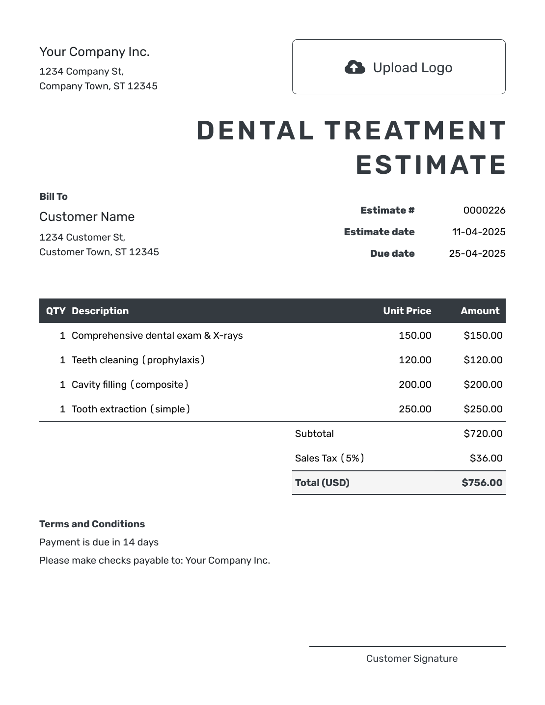 Editable Dental Treatment Estimate Template