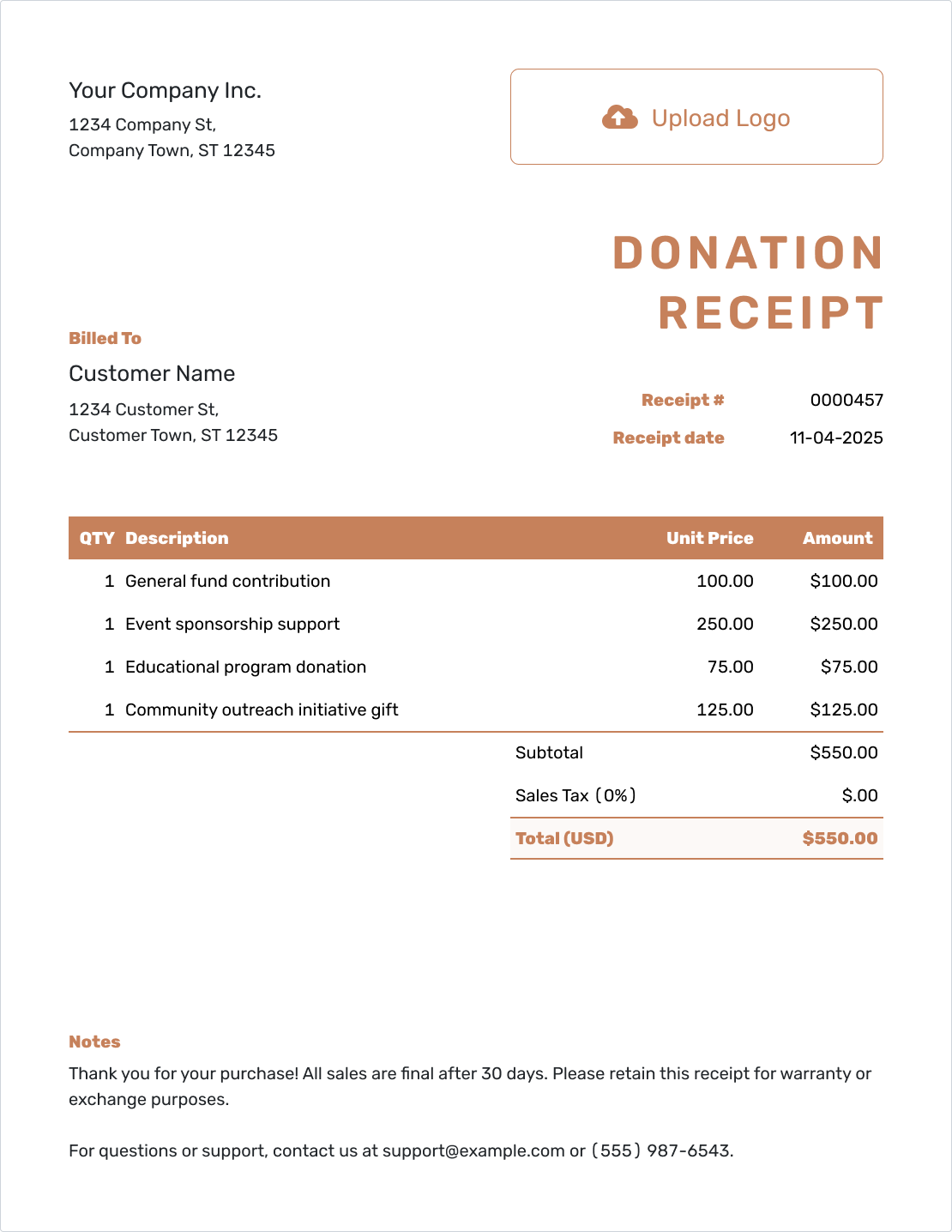 Editable Donation Receipt Template