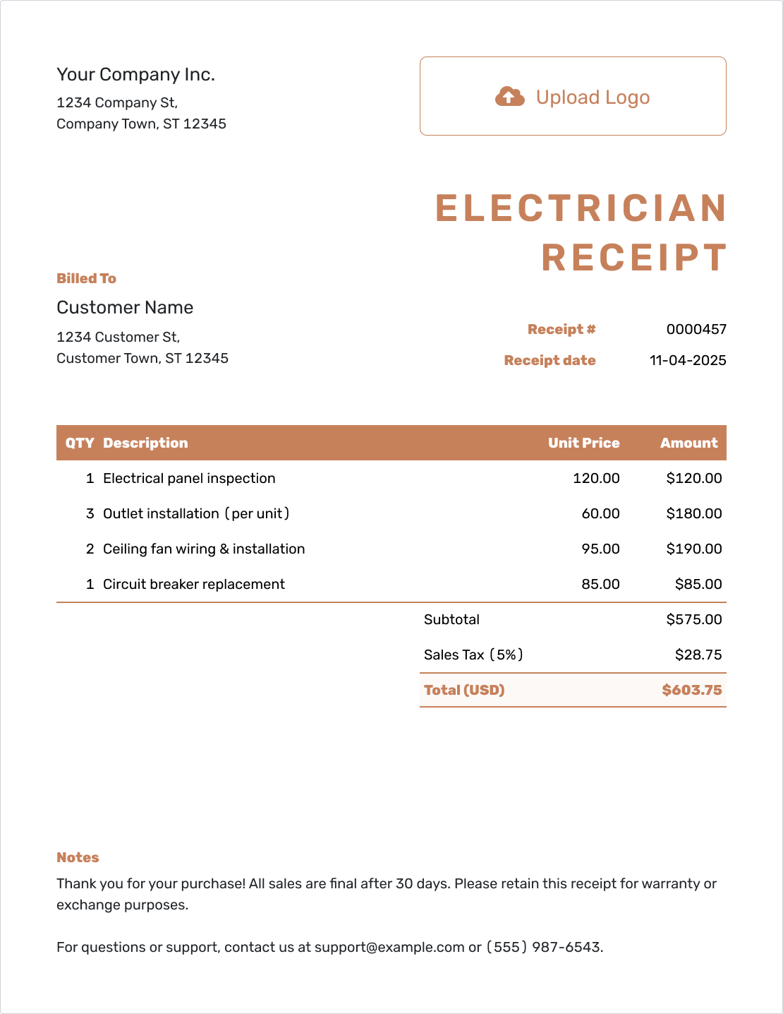 Editable Electrician Receipt Template
